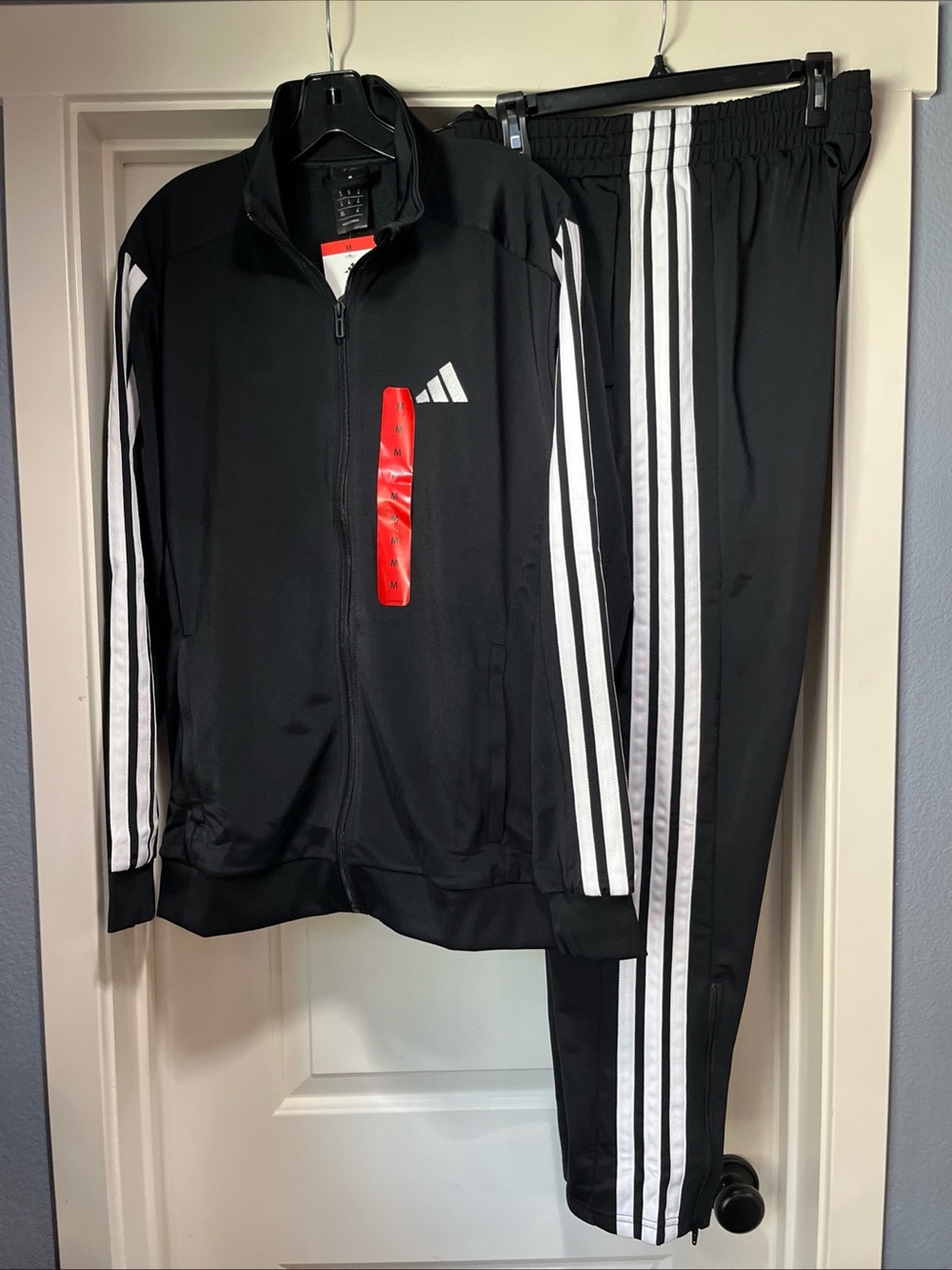 Mens Medium Adidas 3 Stripe Tricot Track Jacket And Pant Black White Set Suit